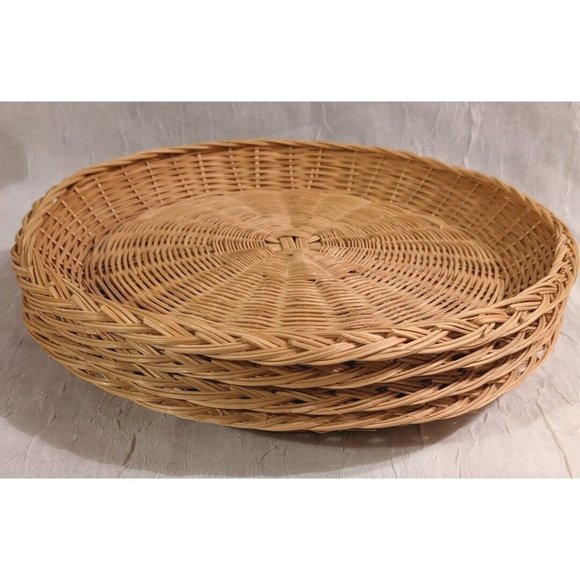 Vtg Chinese Cheese Bamboo Wicker Plates Chopsticks Service for 4 Platter Boho - Picture 6 of 15